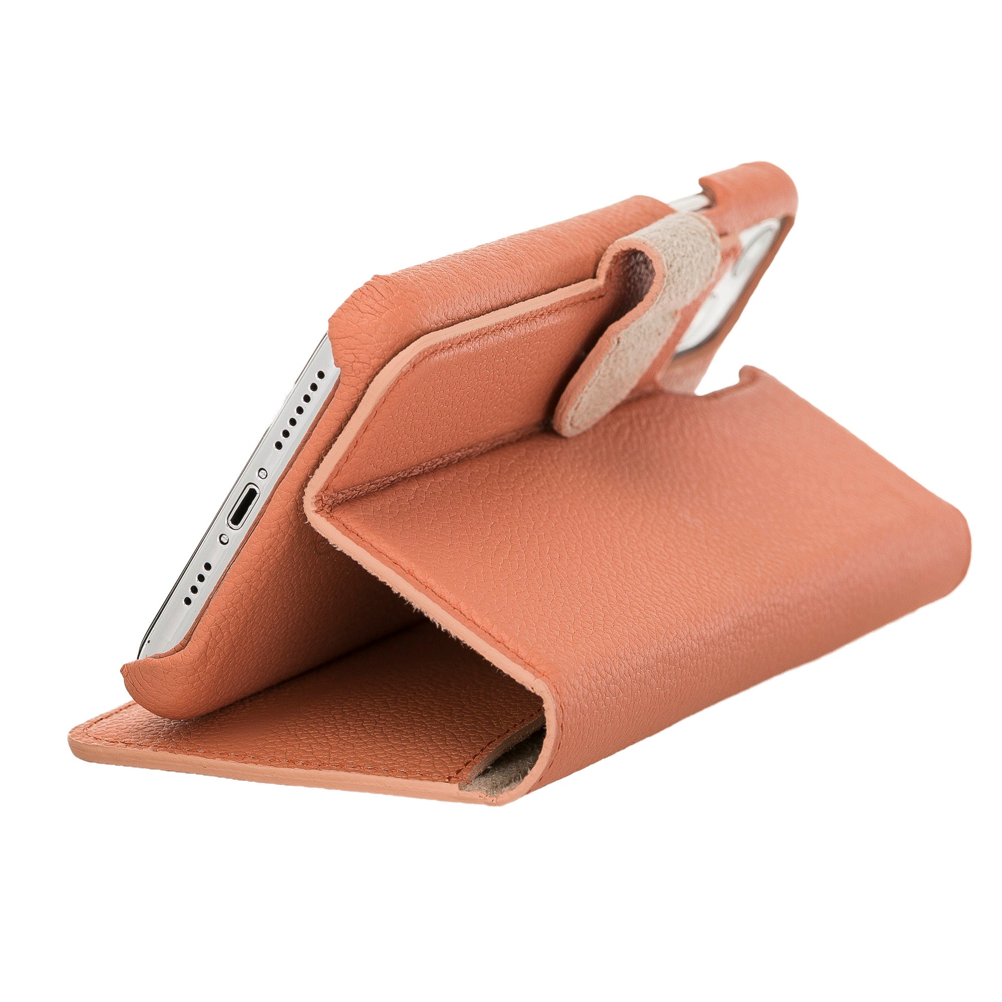 Apple iPhone 11 Pro Max uyumlu, Gerçek Hakiki Deri, El Yapımı, Kartlık Bölmeli Kılıf,, Mercan