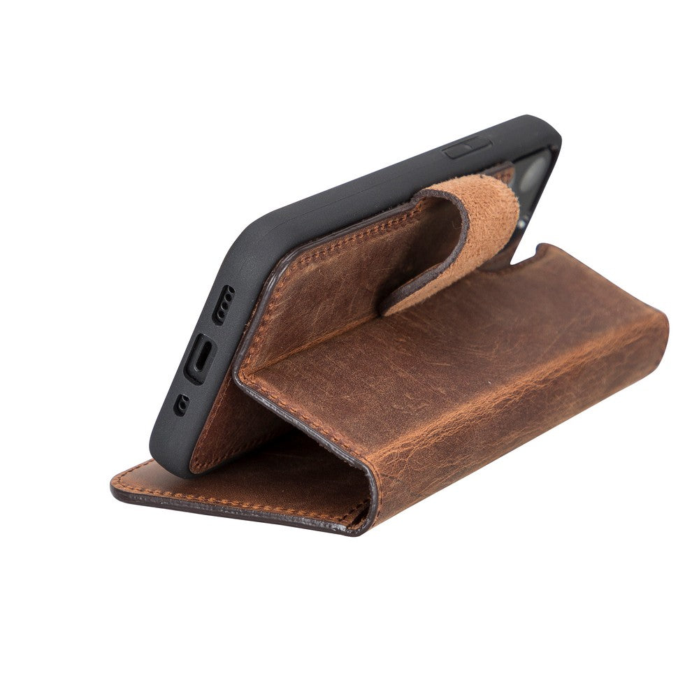 Apple iPhone 12 mini uyumlu, Hakiki Deri, El Yapımı, Cüzdanlı Kılıf, G2 Antik Kahve