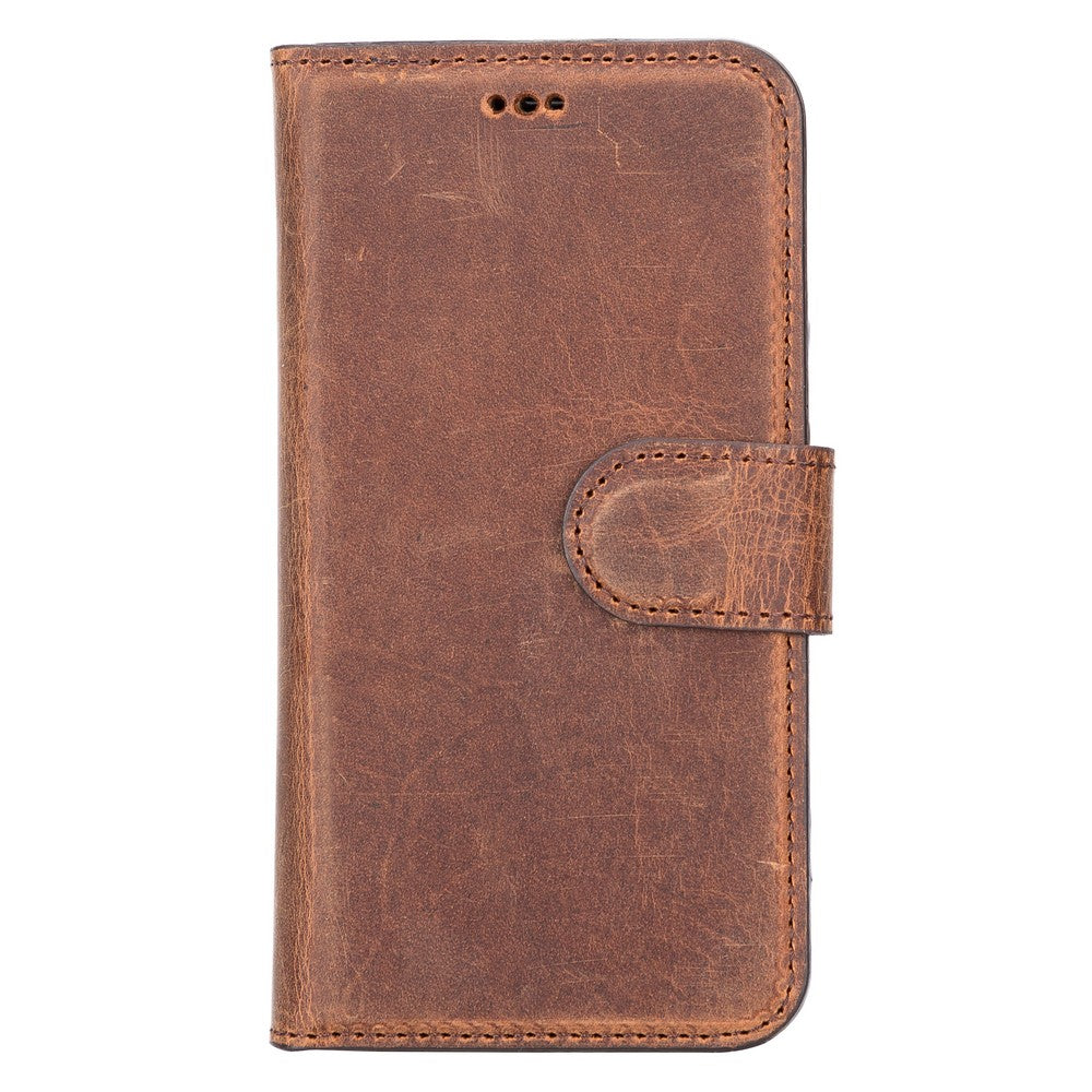 Apple iPhone 12 mini uyumlu, Hakiki Deri, El Yapımı, Cüzdanlı Kılıf, G2 Antik Kahve