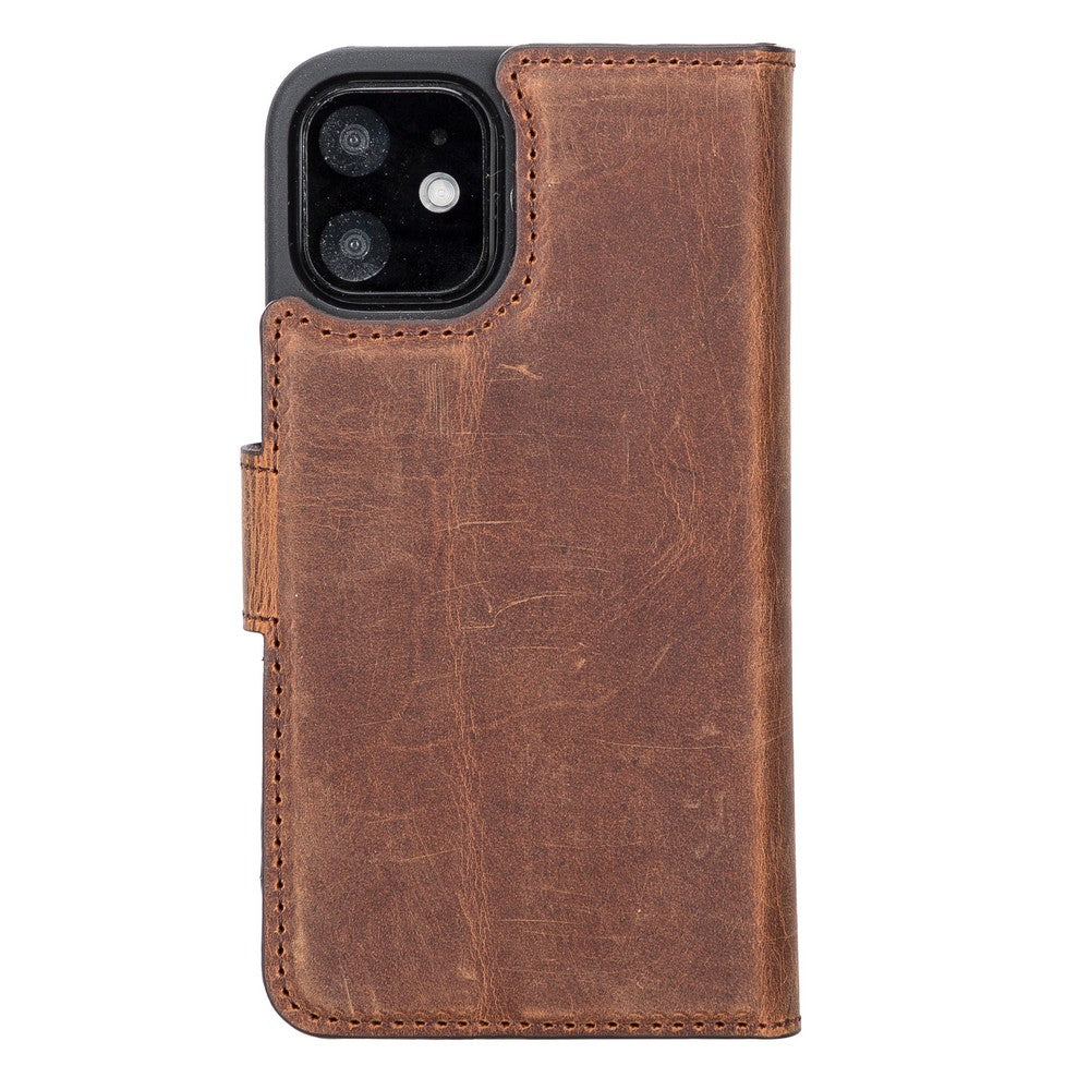 Apple iPhone 12 mini uyumlu, Hakiki Deri, El Yapımı, Cüzdanlı Kılıf, G2 Antik Kahve