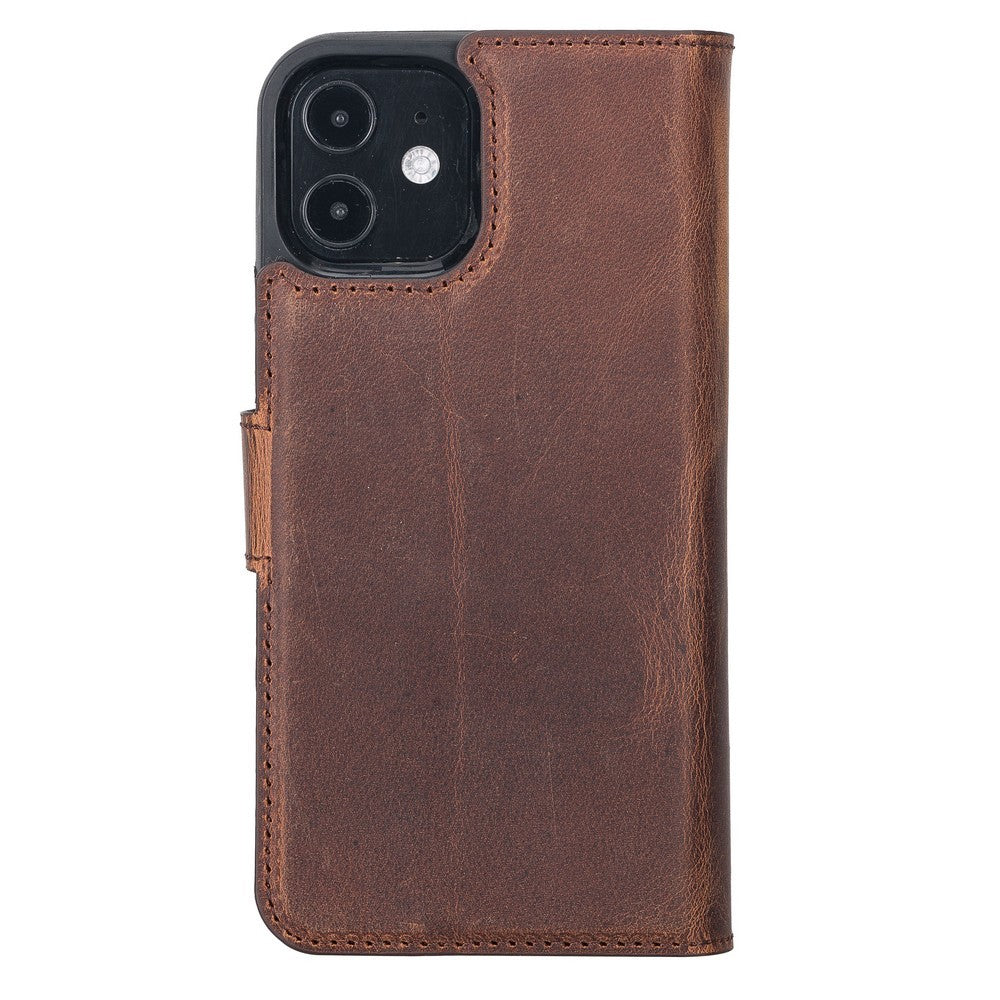 Apple iPhone 12 Pro uyumlu, Hakiki Deri, El Yapımı, Cüzdanlı Kılıf, Antik Kahve