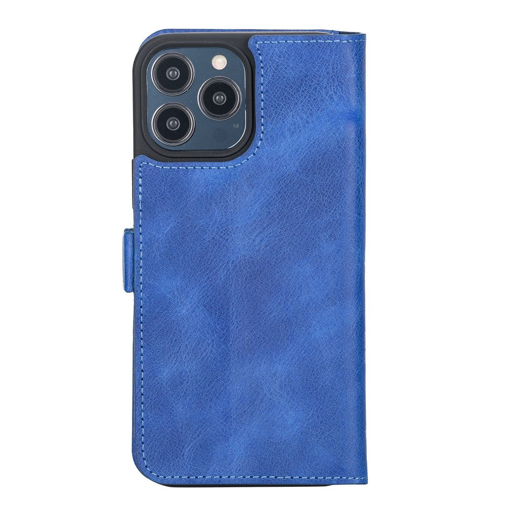 Apple iPhone 13 Pro Max uyumlu, Hakiki Deri, El Yapımı, Cüzdanlı Kılıf, Okyanus Mavi