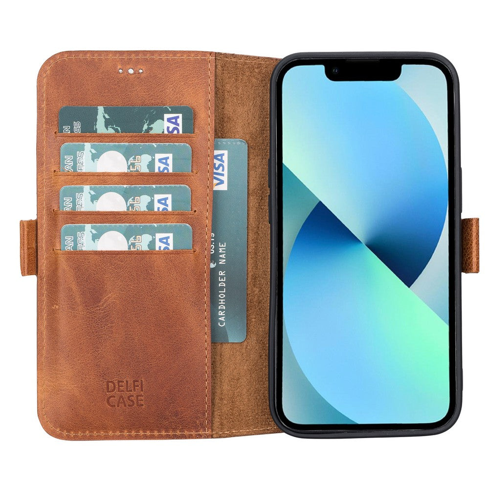 Apple iPhone 13 uyumlu, Hakiki Deri, El Yapımı, Cüzdanlı Kılıf, Karamel