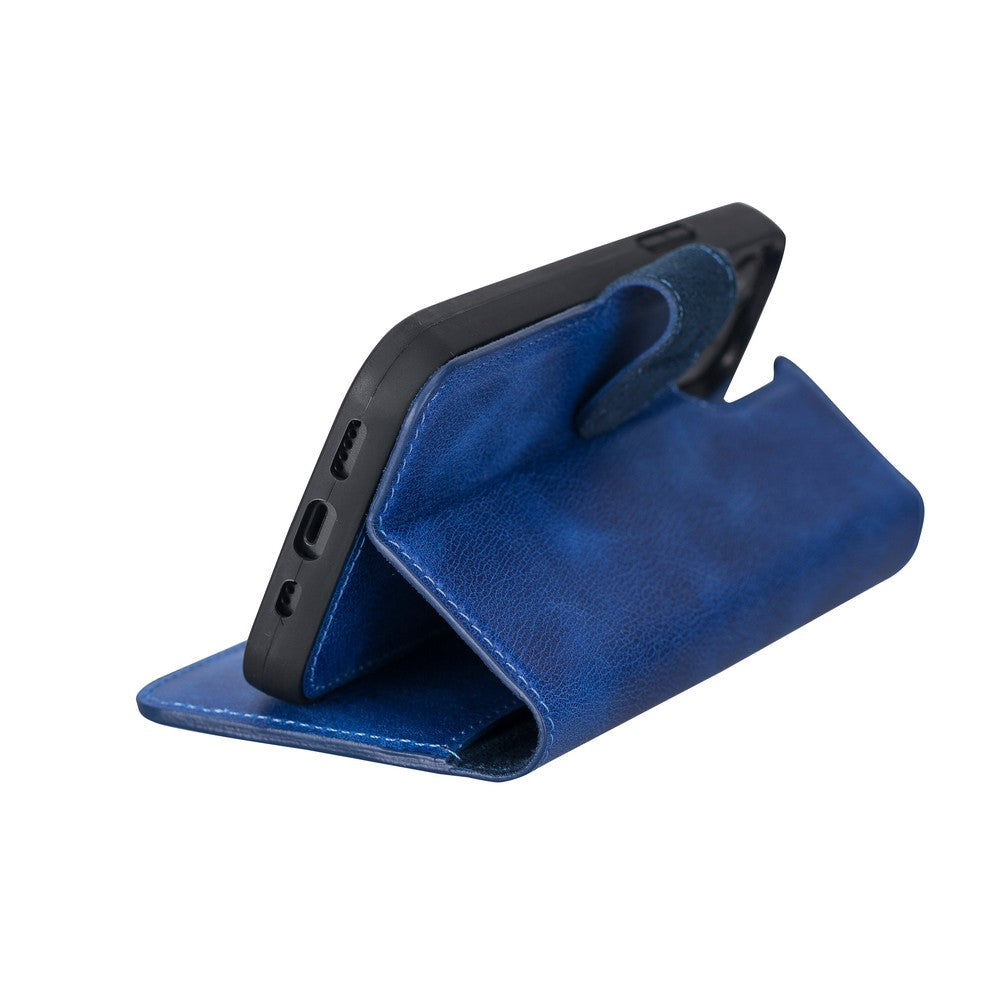 Apple iPhone 12 Pro uyumlu, Hakiki Deri, El Yapımı, Cüzdanlı Kılıf, Okyanus Mavi