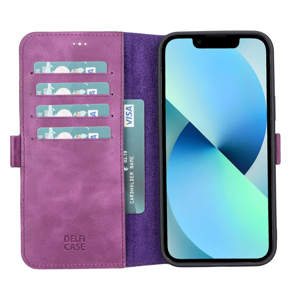 Apple iPhone 13 Pro uyumlu, Hakiki Deri, El Yapımı, Cüzdanlı Kılıf, Rustik Mor