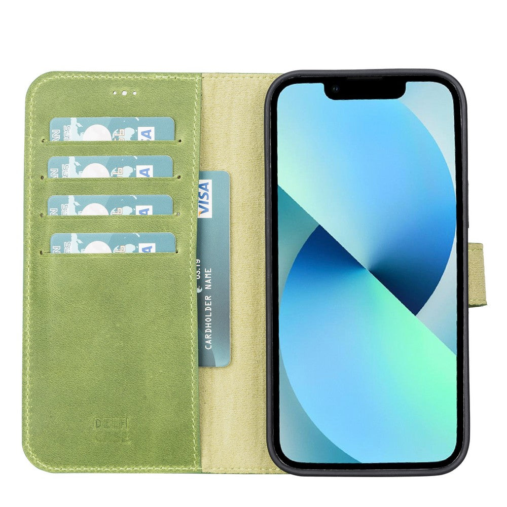 Apple iPhone 13 Pro Max uyumlu, Hakiki Deri, El Yapımı, Cüzdanlı Kılıf, Antik yeşil