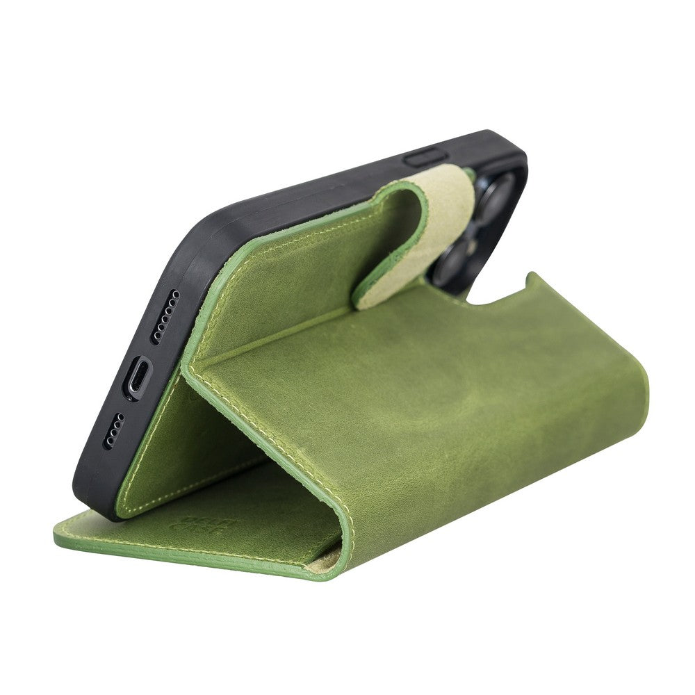 Apple iPhone 13 Pro Max uyumlu, Hakiki Deri, El Yapımı, Cüzdanlı Kılıf, Antik yeşil