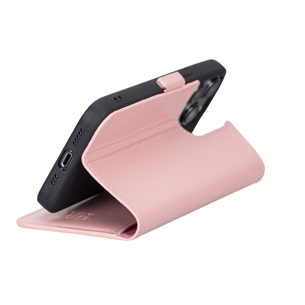 Apple iPhone 13 Pro uyumlu, Hakiki Deri, El Yapımı, Cüzdanlı Kılıf, Toz Pembe