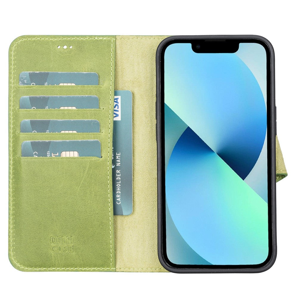 Apple iPhone 13 uyumlu, Hakiki Deri, El Yapımı, Cüzdanlı Kılıf, Antik yeşil