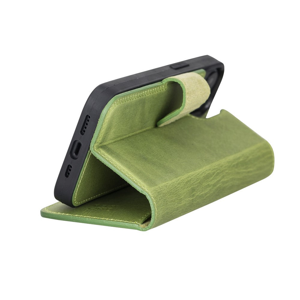 Apple iPhone 13 uyumlu, Hakiki Deri, El Yapımı, Cüzdanlı Kılıf, Antik yeşil