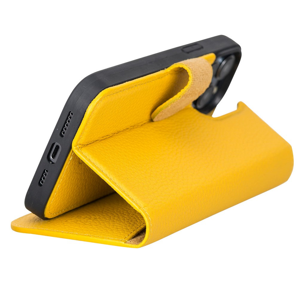 Apple iPhone 13 Pro Max Uyumlu Deri Cüzdanlı Kılıf Limon Sarı