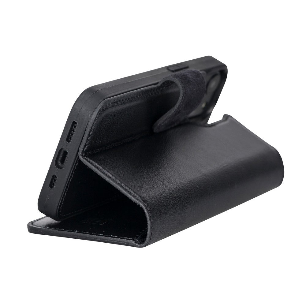 Apple iPhone 13 Uyumlu Hakiki Deri, El Yapımı, Cüzdanlı Kılıf, Rustik Siyah