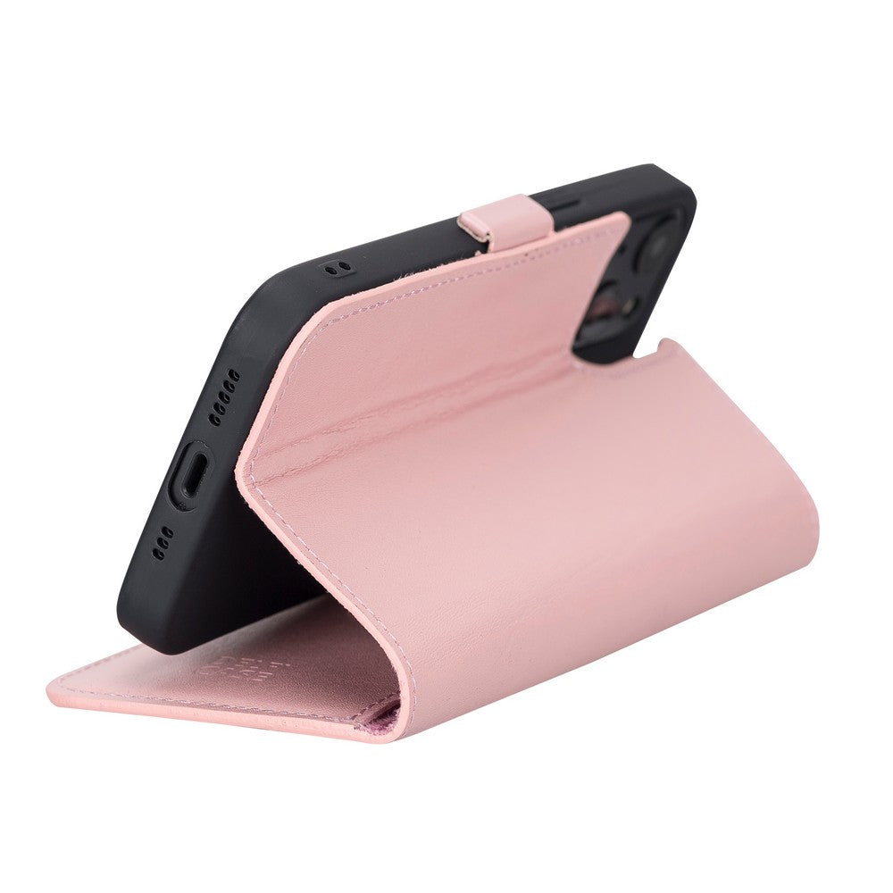 Apple iPhone 13 uyumlu, Hakiki Deri, El Yapımı, Cüzdanlı Kılıf, Toz Pembe