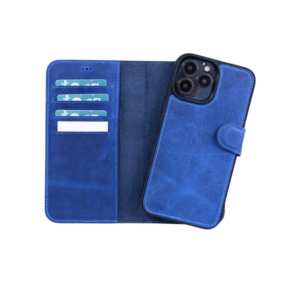 Apple iPhone 13 Pro uyumlu, Hakiki Deri, El Yapımı, Cüzdanlı Kılıf, Lacivert