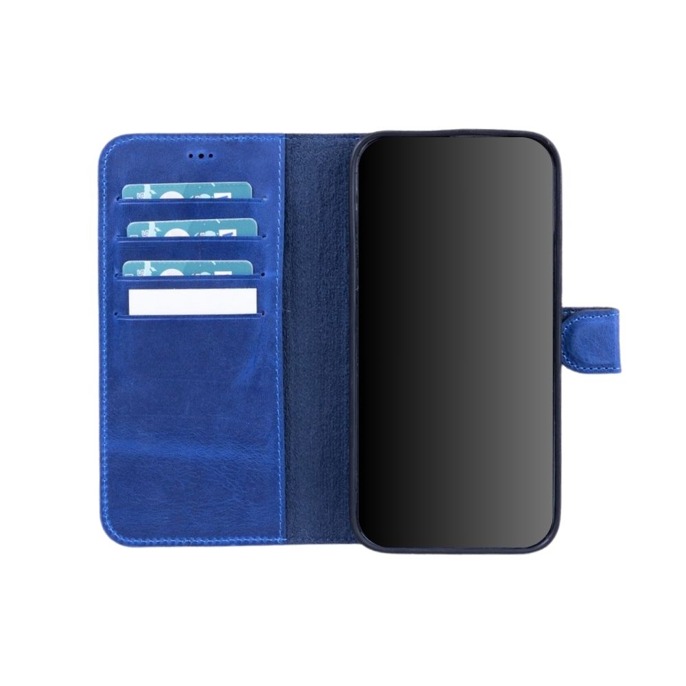 Apple iPhone 13 Pro uyumlu, Hakiki Deri, El Yapımı, Cüzdanlı Kılıf, Lacivert
