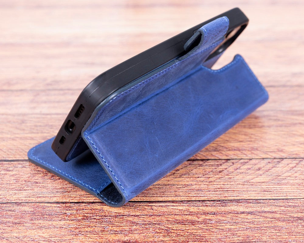 Apple iPhone 13 Pro uyumlu, Hakiki Deri, El Yapımı, Cüzdanlı Kılıf, Lacivert