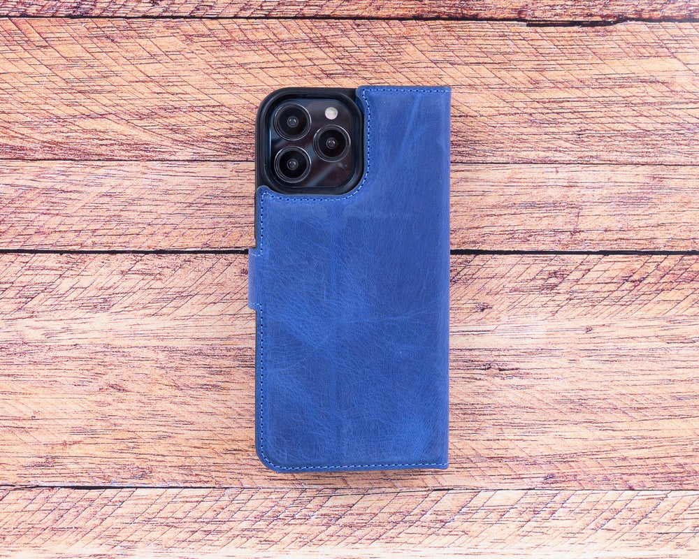 Apple iPhone 13 Pro uyumlu, Hakiki Deri, El Yapımı, Cüzdanlı Kılıf, Lacivert