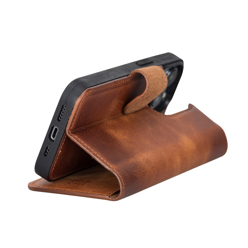 Apple iPhone 13 Pro uyumlu, Hakiki Deri, El Yapımı, Cüzdanlı Kılıf, Antik Taba