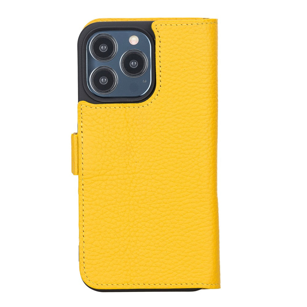 Apple iPhone 13 Pro Uyumlu Deri Cüzdanlı Kılıf Limon Sarı