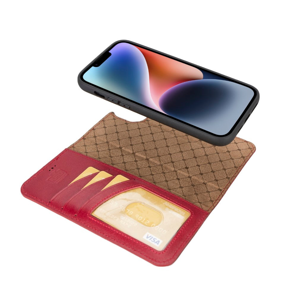 Apple iPhone 14 Plus UyumluHakiki Deri, El Yapımı, Cüzdanlı Kılıf, Gölgeli Kırmızı