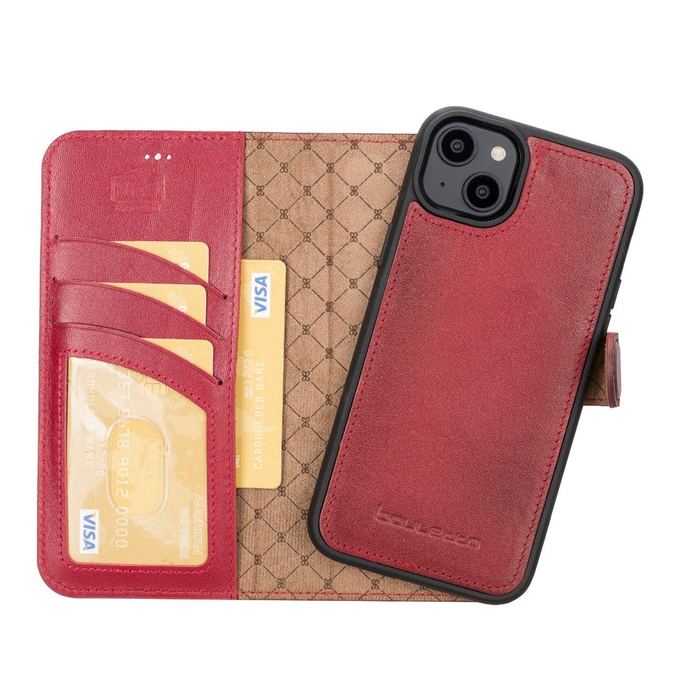 Apple iPhone 14 Plus UyumluHakiki Deri, El Yapımı, Cüzdanlı Kılıf, Gölgeli Kırmızı