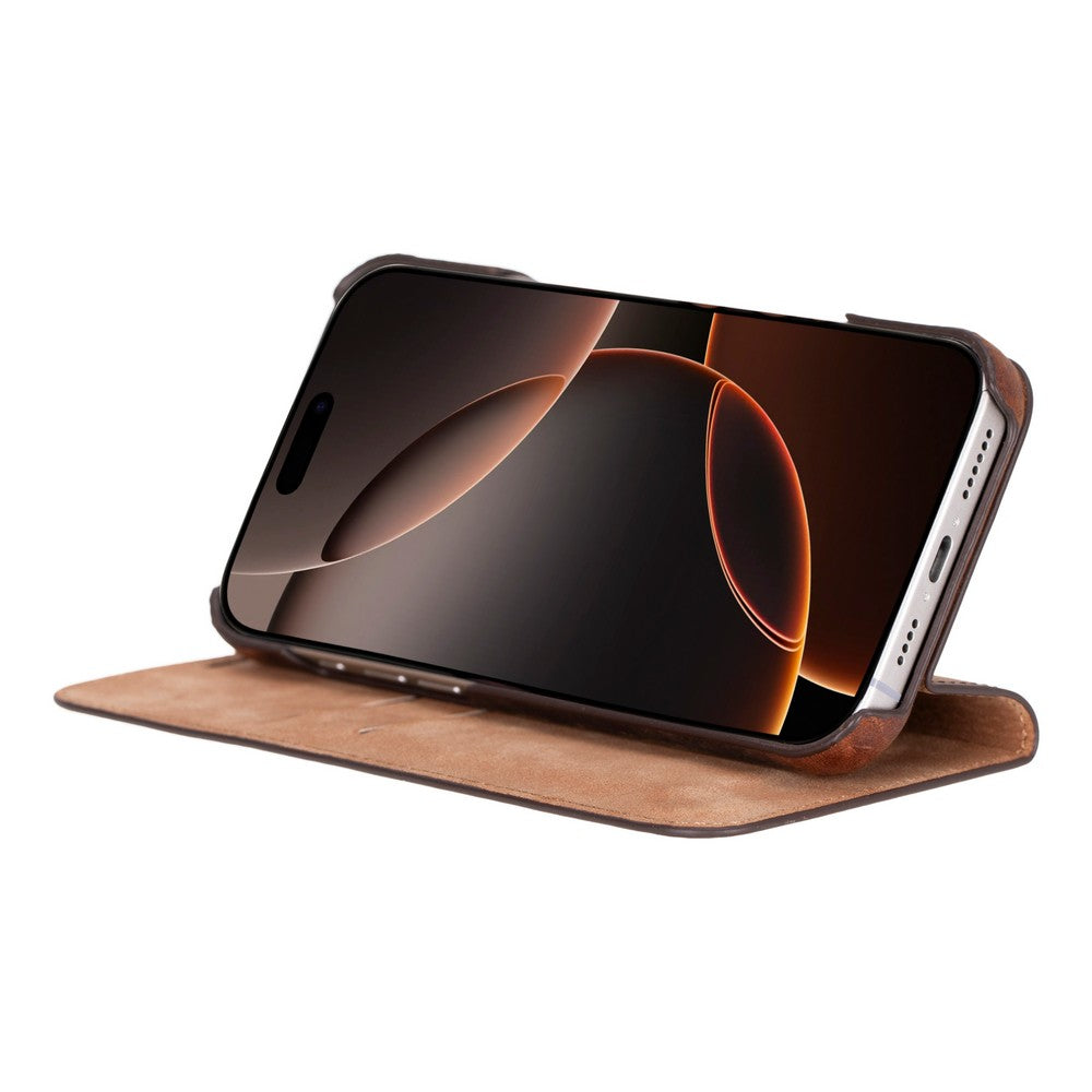 Apple iPhone 16 Pro Max uyumlu, Hakiki Deri, El Yapımı, Cüzdanlı Kılıf, Antik Kahve