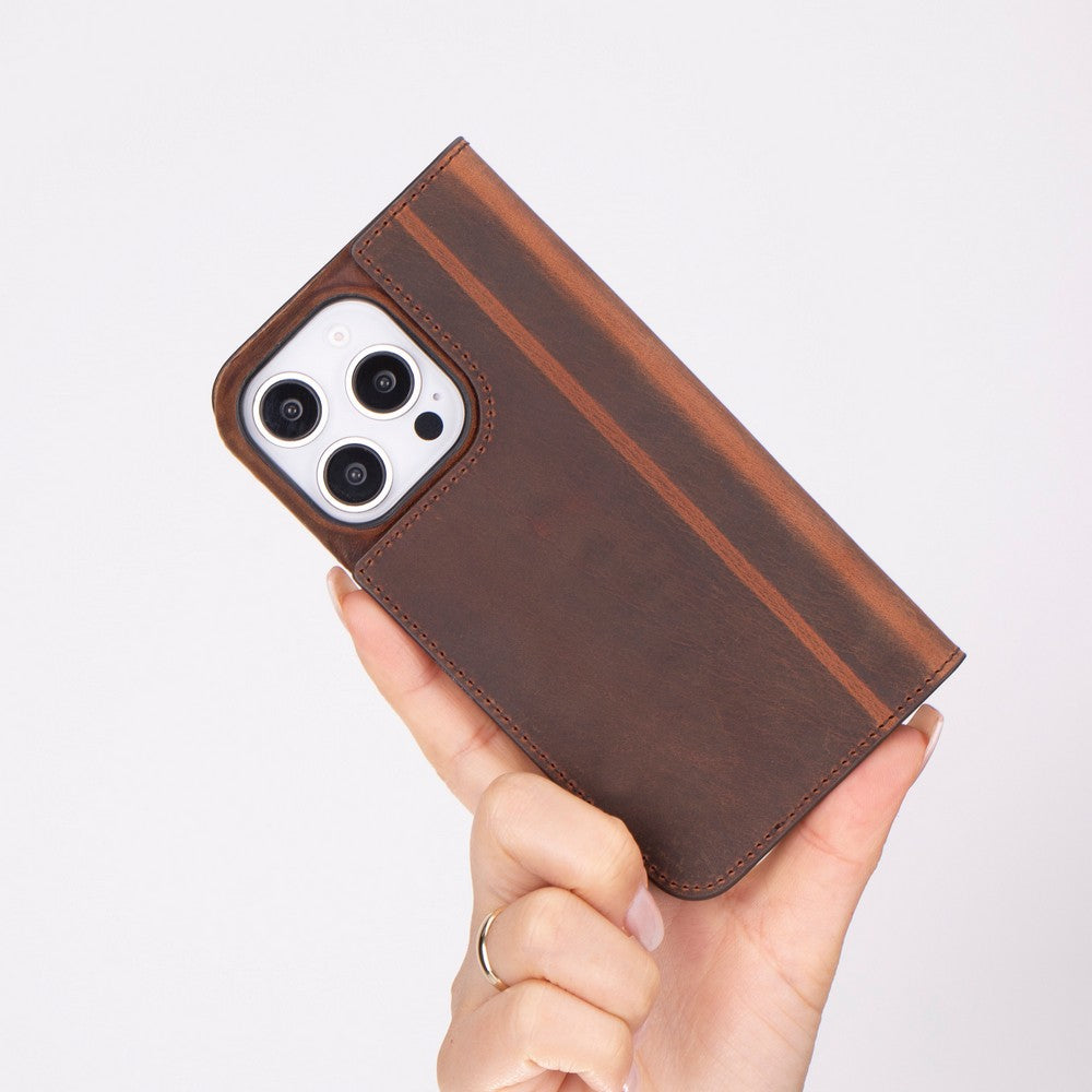 Apple iPhone 16 Pro Max uyumlu, Hakiki Deri, El Yapımı, Cüzdanlı Kılıf, Antik Kahve