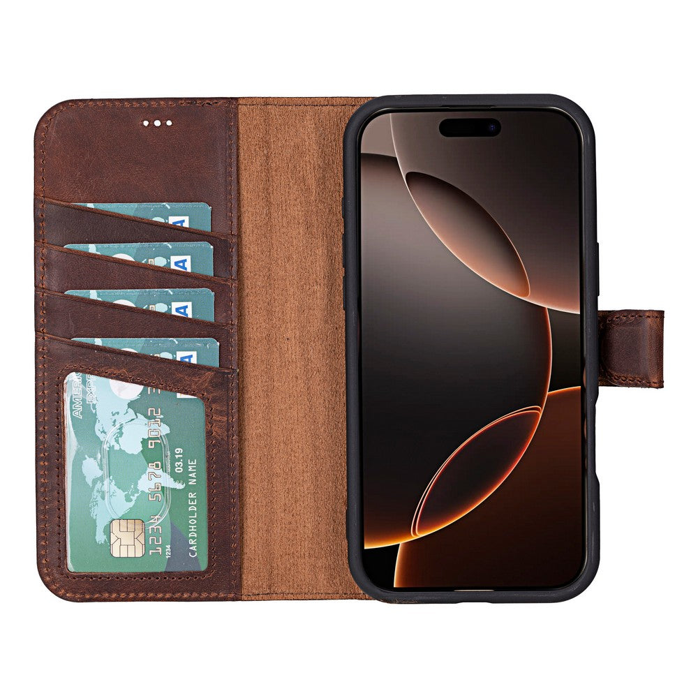 Apple iPhone 16 Pro uyumlu, Hakiki Deri, El Yapımı, Cüzdanlı Kılıf, Antik Kahve