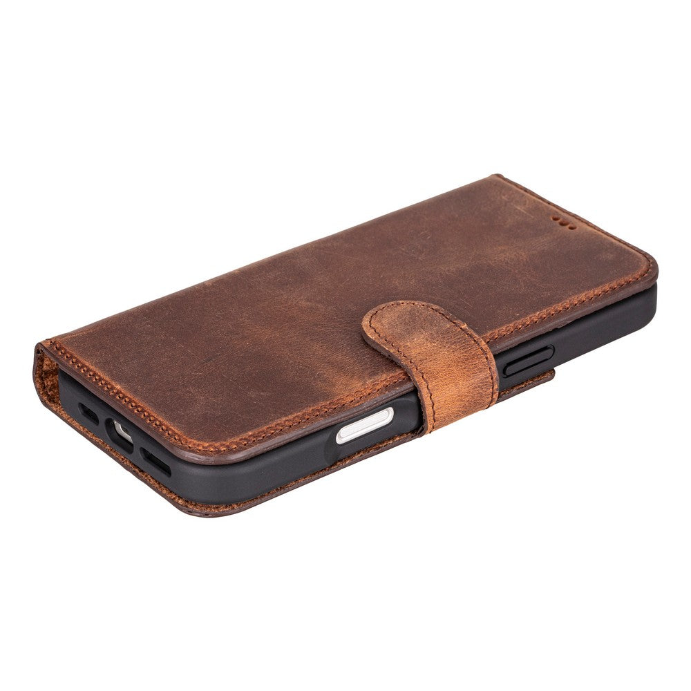 Apple iPhone 16 Pro uyumlu, Hakiki Deri, El Yapımı, Cüzdanlı Kılıf, Antik Kahve