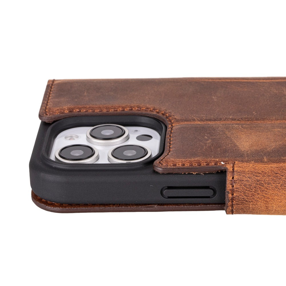 Apple iPhone 16 Pro uyumlu, Hakiki Deri, El Yapımı, Cüzdanlı Kılıf, Antik Kahve