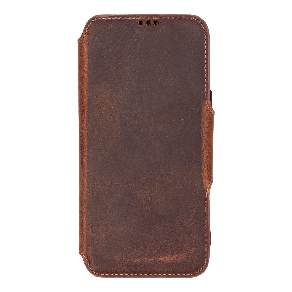 Apple iPhone 16 Pro uyumlu, Hakiki Deri, El Yapımı, Cüzdanlı Kılıf, Antik Kahve