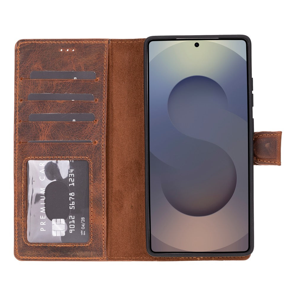 Samsung Galaxy S25 Ultra uyumlu, Hakiki Deri, El Yapımı, Cüzdanlı Kılıf, Antik Kahve