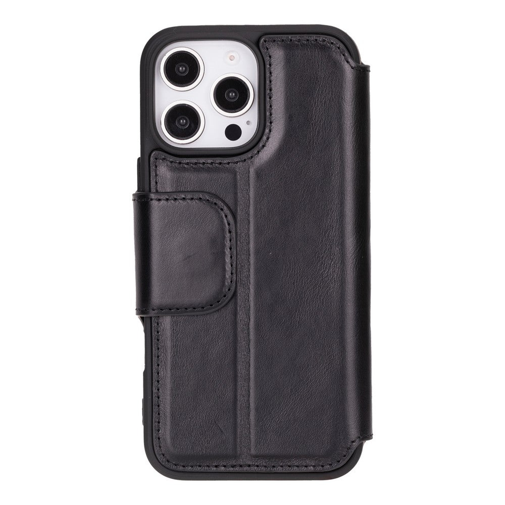 Apple iPhone 16 Pro Max uyumlu, Hakiki Deri, El Yapımı, Cüzdanlı Kılıf, Parlak Siyah
