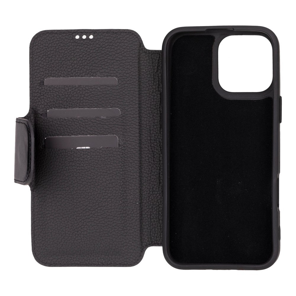 Apple iPhone 16 Pro Max uyumlu, Hakiki Deri, El Yapımı, Cüzdanlı Kılıf, Parlak Siyah