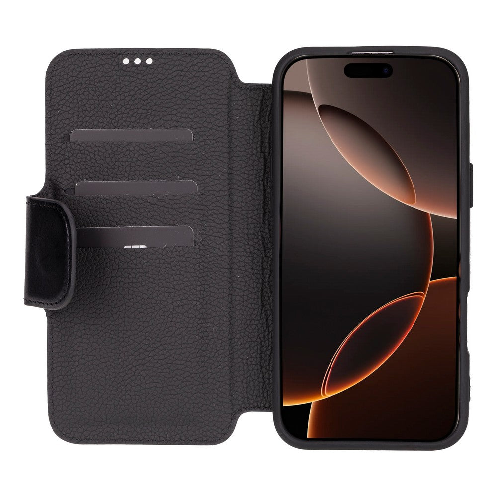 Apple iPhone 16 Pro Max uyumlu, Hakiki Deri, El Yapımı, Cüzdanlı Kılıf, Parlak Siyah