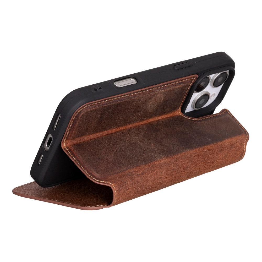 Apple iPhone 16 Pro Max uyumlu, Hakiki Deri, El Yapımı, Cüzdanlı Kılıf, Antik Kahve