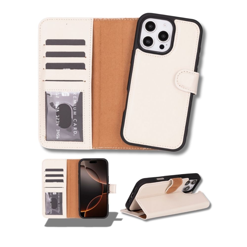 Apple iPhone 16 Pro uyumlu, Hakiki Deri, El Yapımı, Cüzdanlı Kılıf, Krem Renk