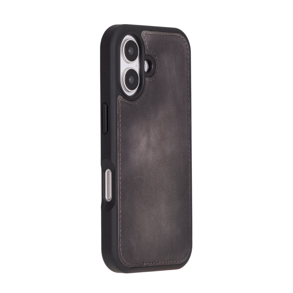 Apple iPhone 16 uyumlu, Hakiki Deri, El Yapımı, Cüzdanlı Kılıf, Gölgeli Gri