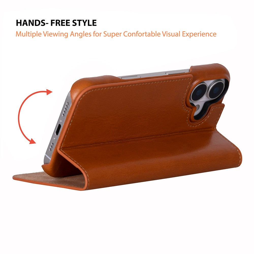 Apple iPhone 17 için, Hakiki Deri, El Yapımı, Cüzdanlı Slim Kılıf, Mag safe ile uyumlu, İç Yüzeyi Kadife, Gölgeli Taba