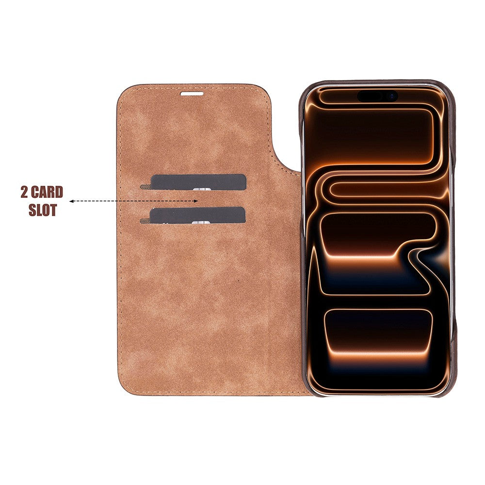 Apple iPhone 17 Pro için, Hakiki Deri, El Yapımı, Cüzdanlı Slim Kılıf, Mag safe ile uyumlu, İç Yüzeyi Kadife, Gölgeli Taba