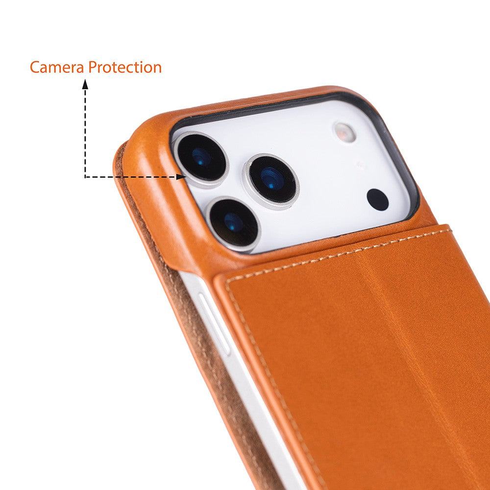 Apple iPhone 17 Pro Max için, Hakiki Deri, El Yapımı, Cüzdanlı Slim Kılıf, Mag safe ile uyumlu, İç Yüzeyi Kadife, Gölgeli Taba