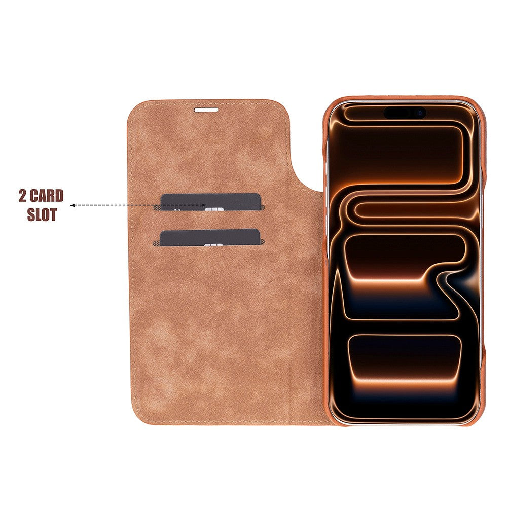 Apple iPhone 17 Pro Max için, Hakiki Deri, El Yapımı, Cüzdanlı Slim Kılıf, Mag safe ile uyumlu, İç Yüzeyi Kadife, Gölgeli Taba