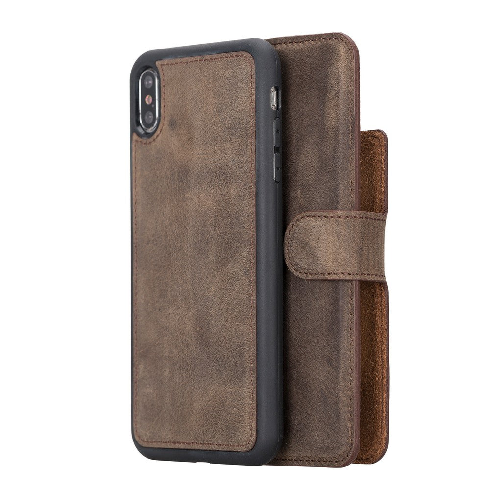 Apple iPhone XS Max uyumlu, Hakiki Deri, El Yapımı, Cüzdanlı Kılıf, Kahverengi