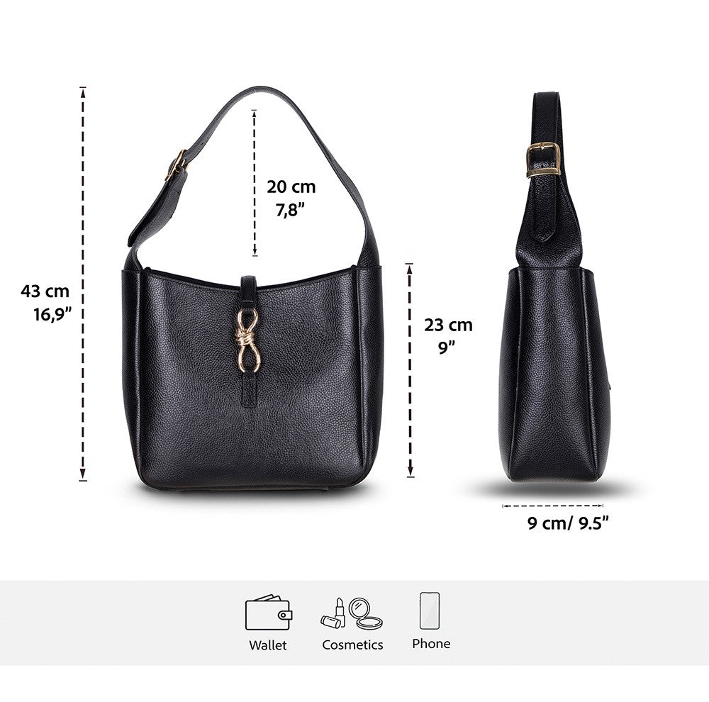 Her Kombine Uyum Sağlayan Klasik Hakiki Deri Kadın Omuz Çantası – Azura - Siyah