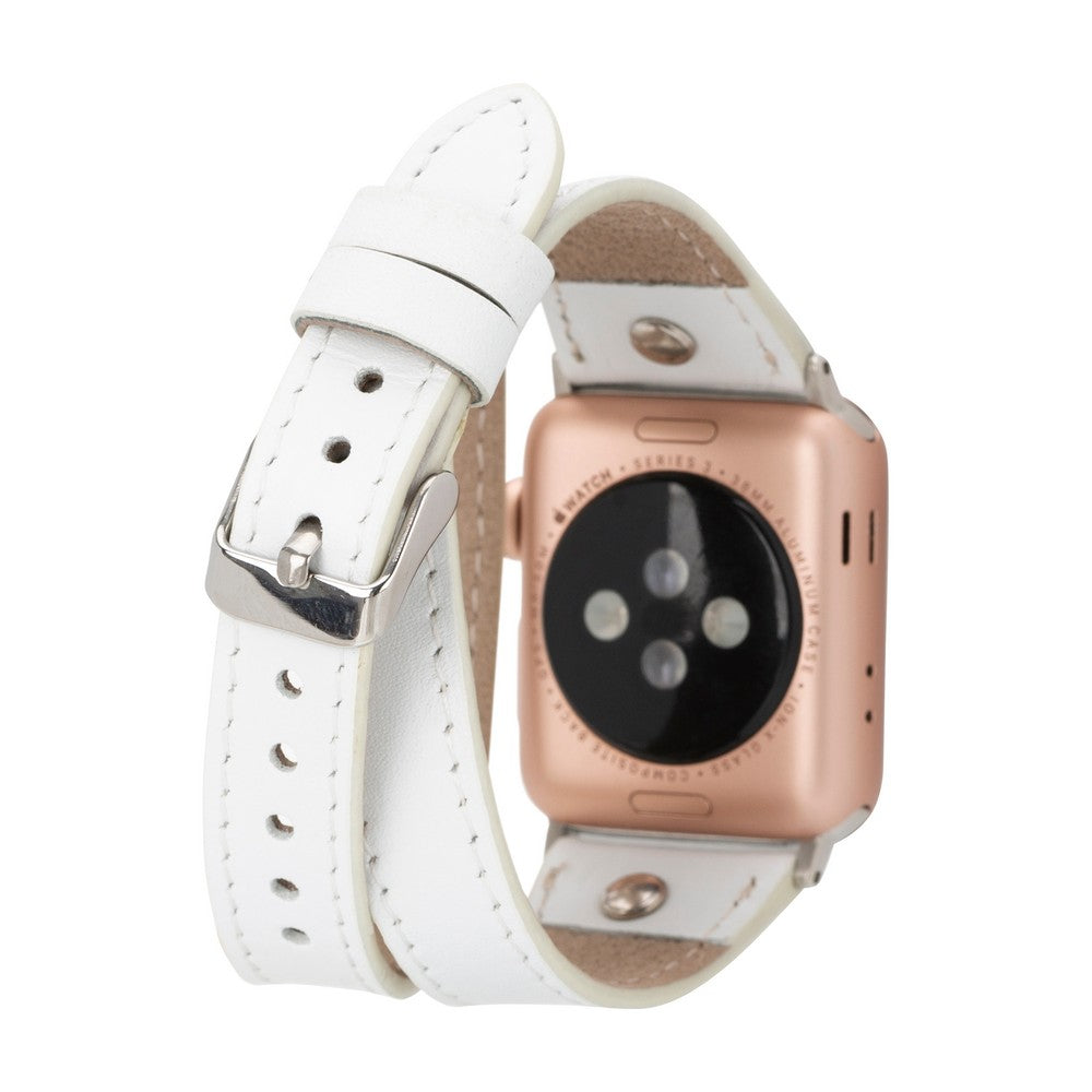 Apple Watch Uyumlu Deri Kordon, Çift Tur, Trok Detaylı, Beyaz