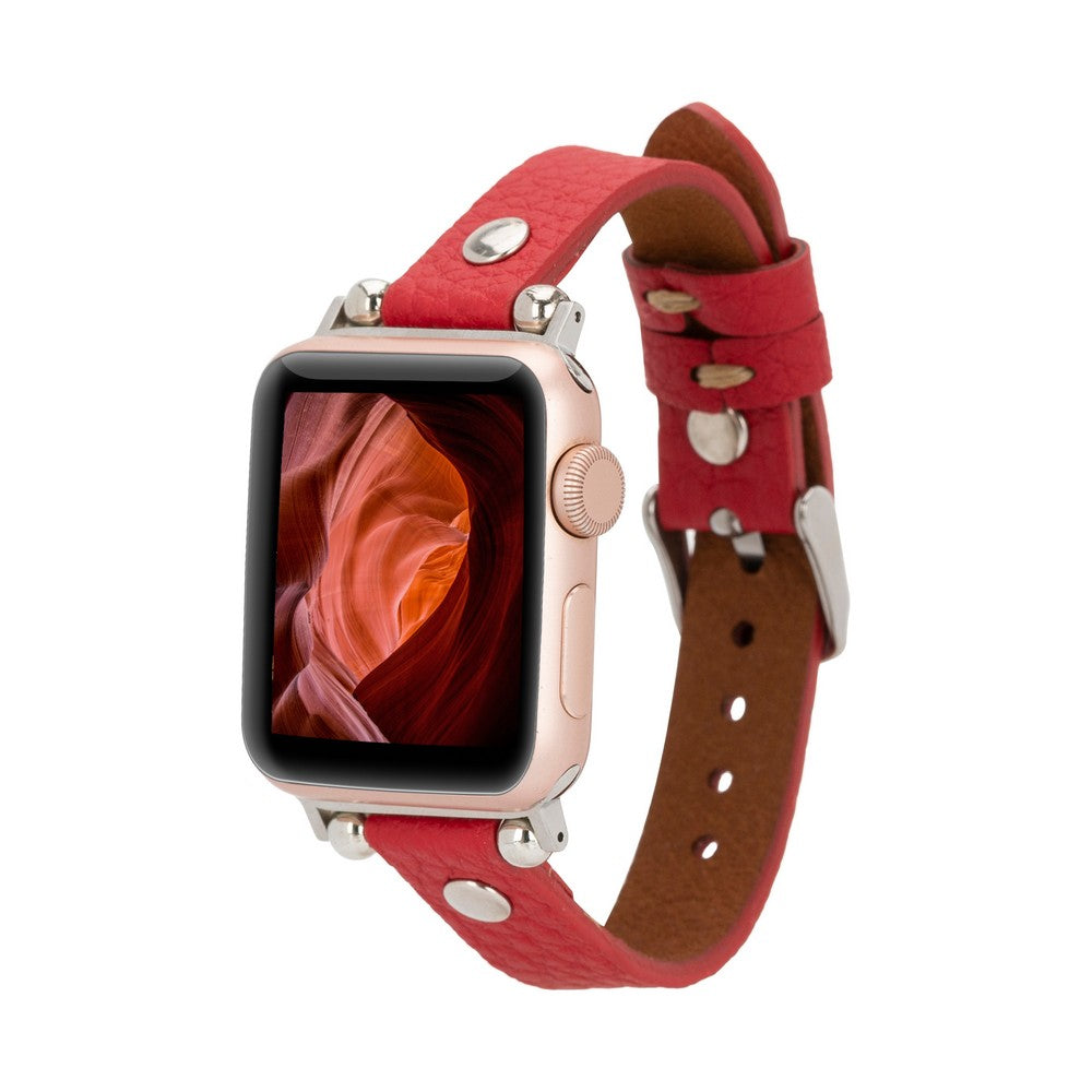 Apple Watch Uyumlu Deri Kordon, Boncuklu Ve Trok Detaylı, Nar Çiçeği