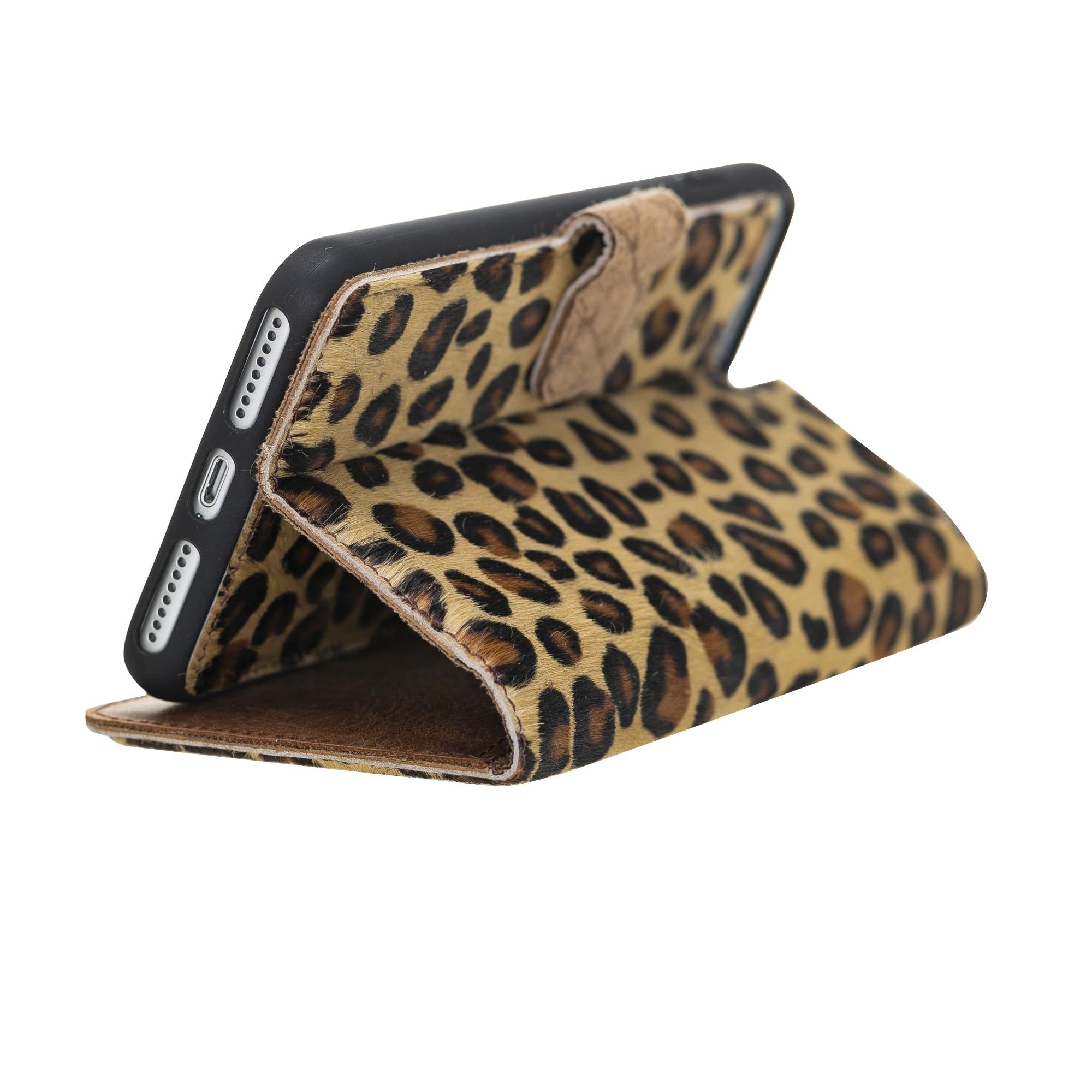 Apple iPhone 7-8 Plus Uyumlu Deri Cüzdanlı Kılıf Leopar