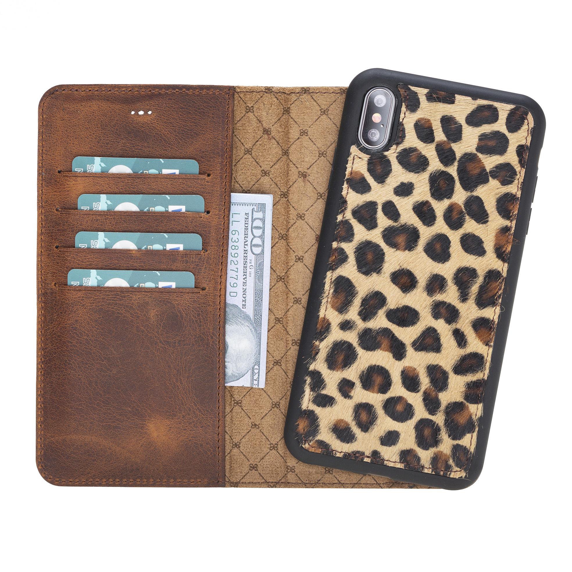 Apple iPhone X-XS Uyumlu Deri Cüzdanlı Kılıf Leopar