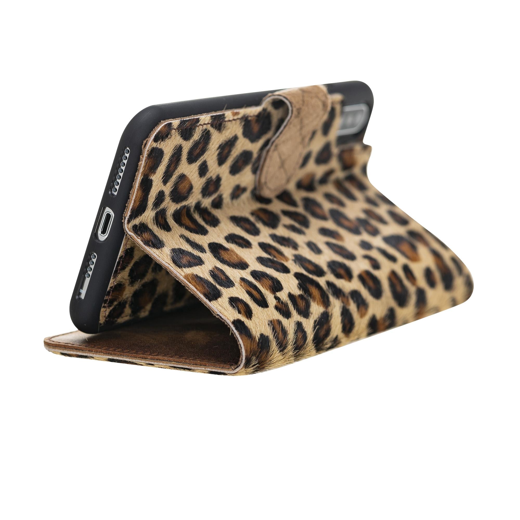 Apple iPhone X-XS Uyumlu Deri Cüzdanlı Kılıf Leopar