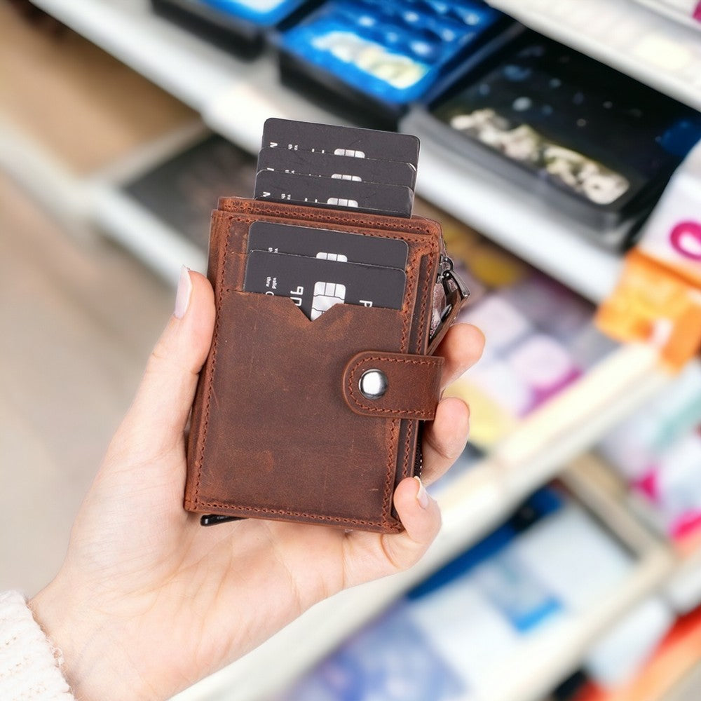 Rodos Hakiki Deri, El Yapımı, Pop-Up Kartlık Cüzdan, Antik Kahve